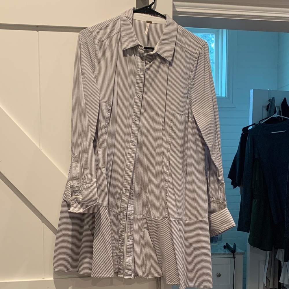 Free People Long Sleeve Stripe Button Down T-Shirt Dress w/ Slip